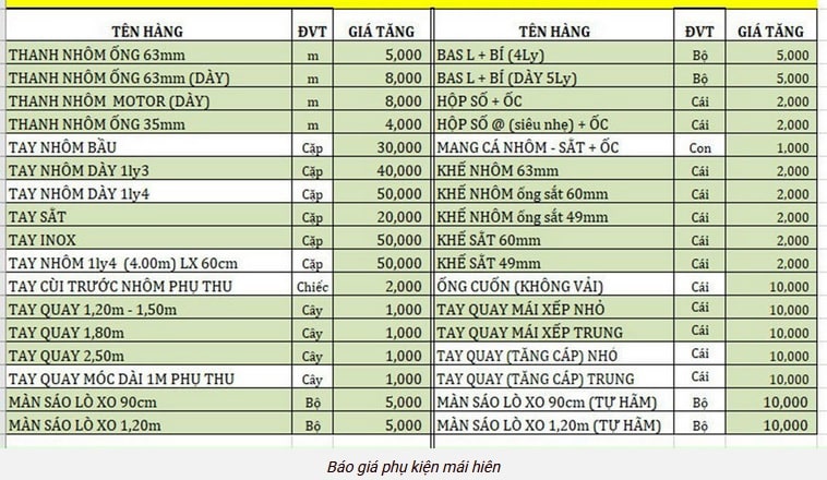 Bảng giá phụ kiện mái xếp